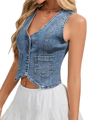 Genhoo Denim Vest Sleeveless Jean Vest Top for Women V Neck Button Down Cropped Denim Top with Pockets thumbnail 4