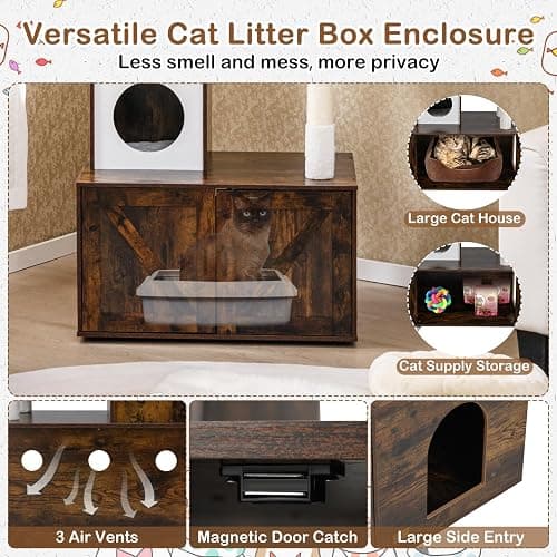 Tangkula Cat Tree with Litter Box Enclosure, Industrial Hidden Litter Box with Cat Tower, Sisal Scratching Posts, Hammock, Hanging Toy and Basket Bed, Condo, Wooden Cat Washroom for Indoor Cats thumbnail 3