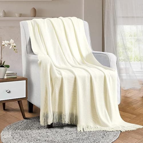Vonty Ivory White Knitted Blanket with Tassels Fringe 50" x 60", Super Soft Knit Throw Blanket, Farmhouse Decorative Lightweight Blanket for Couch, Sofa, Bed thumbnail 2