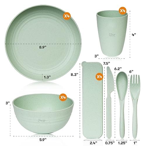 Wheat Straw Dinnerware Sets | Unbreakable Dinnerware Sets | Dishwasher Microwave Safe Dinnerware | Eco Friendly Non Breakable Dinnerware Sets | RV Outdoor Camping (Green, Service for 4 (28 pcs)) - Service for 4 (28 pcs) - Green thumbnail 3