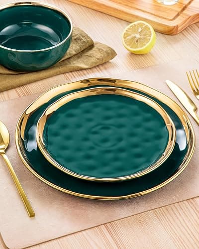 LOVECASA 12 Pieces Plates and Bowls Sets, Porcelain Green and Gold Dinnerware Sets, Round Dinner Plates Dishes Set Service for 4, Dishwasher Safe and Scratch Resistant, Green thumbnail 6