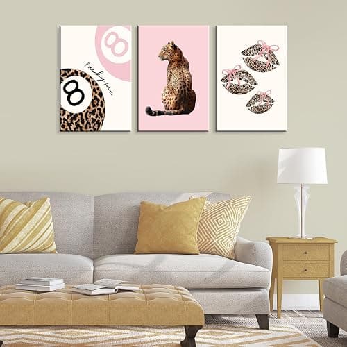Set of 3 Coquette Pink Leopard Wall Art Trendy Lucky You 8 Ball Decor Posters Funky Cheetah Print Kiss Lips Canvas for Preppy Girly Y2k Room Dorm Home Apartment Bedroom Aesthetic 12x16in Framed thumbnail 5