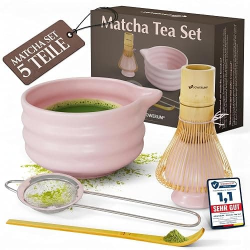 Matcha Set Rosa 5-teilig [TESTSIEGER] Schale mit Ausgießer und extra robustem Matchabesen Macha Tea Set für Starter aus Keramik, Matcha Besen, Bambus Löffel, Chasen,Whisk, Matcha Bowl, Matchaset - Image 1