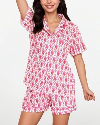 Zuafy Women's Pajamas Set Button Down Ladies Summer Pajamas Monkey Printed Sleepwear Short Sleeve 2 Pc Pjs for Birthday Gift thumbnail 5