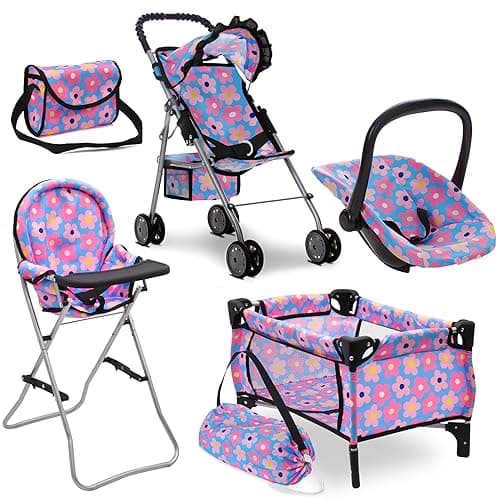 Baby Doll Stroller Bed and Seat Nursery Playset, Baby Doll Accessories Furniture Set High Chair Diaper Bag Role Play Deluxe Baby Doll Blue Set - Blue