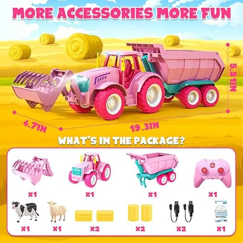 Funwee RC Farm Tractor Toy Playset with Loader, Trailer & Animals | 2.4GHz Outdoor Remote Vehicle Playset w/ Light & Music for Age 3-8, Fun RC Car Truck Gifts for Boy & Girl (Pink) thumbnail 6