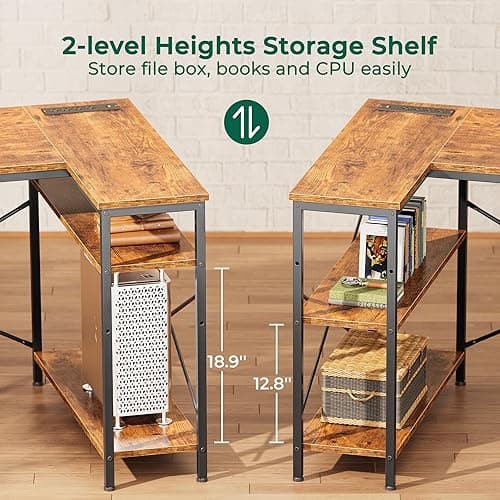 Huuger L Shaped Desk with Power Outlets, Computer Desk with 3 Drawers, 47 Inch Office Desk with Shelves, Gaming Desk, Corner Desk Work Desk for Home Office, Study, Rustic Brown - Rustic Brown - 47inch thumbnail 7