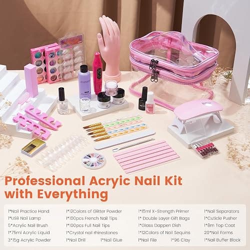 Acrylic Nail Kit with Everything: Beginners Practice Hand Acrylic Nail Powder Liquid Set with U V Lamp Drill in Gift Bag for Home Salon(Pink Bag) thumbnail 5