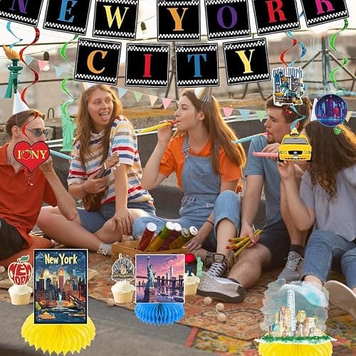 36PCS New York City Party Decorations with 2PCS American Nyc Banner 12PCS Cityscape Broadway Hanging Swirl Decorations 4PCS Honeycomb Centerpieces 24PCS New York Cupcake Toppers thumbnail 7
