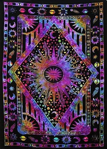 ANJANIYA Burning Sun Tie Dye Tapestry, Celestial Sun Moon Star Planet Bohemian Poster Tapestry Tarot Wall Hanging Boho Hippie Hippy Beach Coverlet Curtain (Purple Multi, 30"X40") - Image 1