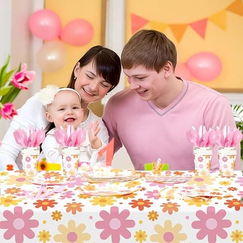 Groovy Party Supplies Daisy Groovy Tableware Set Serves 24 Include Boho Daisy Tablecloth Hippie Tableware Set for Boho Hippie Retro Birthday Baby Shower Party Decor thumbnail 6