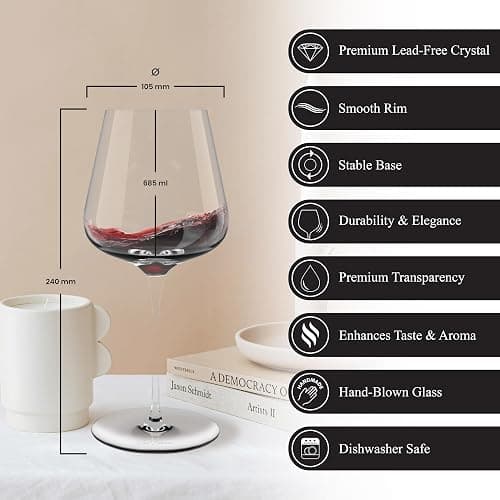 Red Wine Glasses Set of 4 - Ultra Light & Thin Hand-Blown Crystal Glasses 685ml - Long Stem Tulip Design for Cabernet Merlot Bordeaux - Inspired by Italian Design - Luxury Glassware for Aroma thumbnail 3