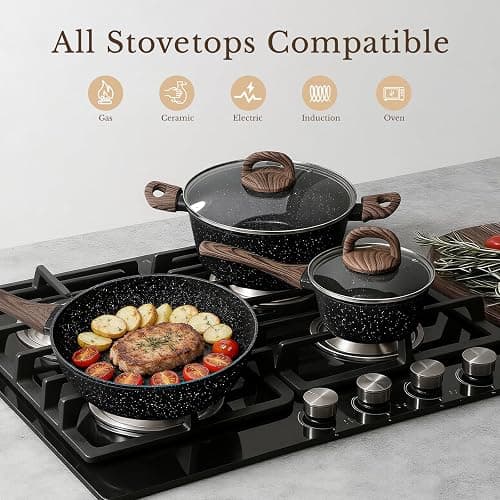 EWFEN 25 Pcs Pots and Pans Set, Nonstick Ceramic Cookware Sets, Healthy Non-Toxic, Large Capacity, Induction Compatible, Cooking Set with Frying Pans & Saucepans, PFAS/PTFE/PFOA Free, Classic Black thumbnail 5