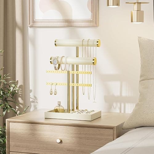 bussdis 3 Tier Bracelet Holder Display - Beige Leather Bracelet Holder, Detachable T Bar Jewelry Holder Organizer for Bracelet, Necklace, Earrings, Rings, Watches, Bangle thumbnail 5