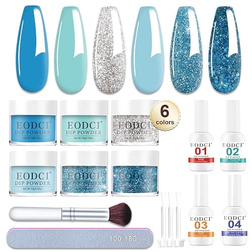 Eodci 12 Pcs Dip Powder Nail Kit Starter, 6 Colors Glitter Blue Snow Dipping Powder Kit With Base & Top Coat/Activator/Brush Saver, Nail Art Manicure Salon DIY for Daily at Home Party Gifts for Women - Image 1