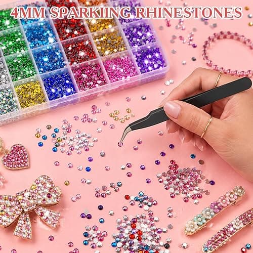 100000Pcs Bedazzling Kit with 4MM Rhinestones, 4 Boxes 56 Colors Flatback Crystal Gems Glass Diamonds with 3 B7000 Glues, Wax Pen, Tweezers, Trays for Nail Art, DIY Crafts, Tumbler Bling, Fabric Decor thumbnail 2