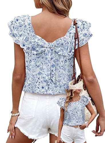 Falechay Womens Bow Tie Back Tops Round Neck Ruffle Short Sleeve Shirts Cute Babydoll Chiffon Tee Women Summer Trendy Tunic - Image 1