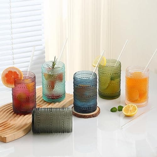 KMIGRUAN 15oz Colored Hobnail Drinking Glasses Set of 6,Vintage Kitchen Glassware,Embossed Beaded Glass Cups,Water Tumbler for Cocktail,Juice and Various Mixed Drinks thumbnail 5