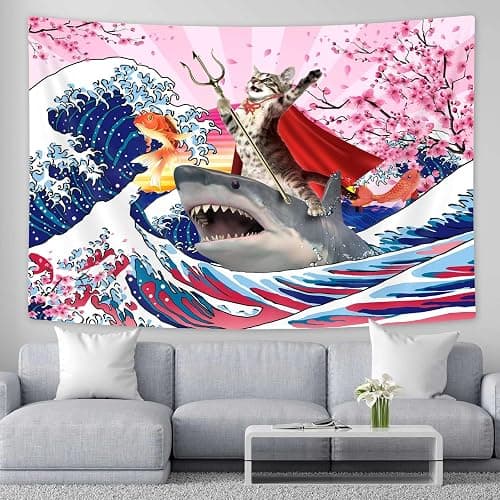SAOLUIS Fun Cat Tapestry, Cute Cat Wall Art Tapestry Ocean Wave Theme Funny Tapestries for Kids, Japanese Style Wall Art for Bedroom Living Room Decor 60X40 Inch thumbnail 7