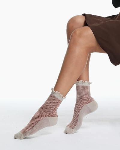 Qqmump Women Ruffle Socks, Cotton Retro Frilly Striped Socks, Cute Checkered Ankle Sock for Women, Vintage Casual Dress Sock thumbnail 7