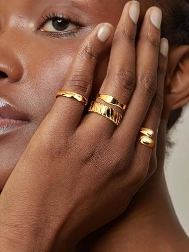 Chunky 14K Gold Plated Rings for Women Non Tarnish - 4Pcs 14K Thick Gold Plated Statement Rings Set Fashion Stackable Ring Trendy Waterproof Chunky Dome Ring thumbnail 6