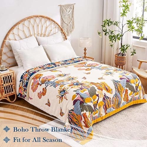 XIBLC Boho Throw Blanket, 100% Cotton Ultra Soft Luxury Throw Rustic Quilt, 60"x80" Floral Bird Butterfly Farmhouse Decor Bed Blankets, All Season Rustic Reversible Bohemian Throw for Bed - Yellow thumbnail 8