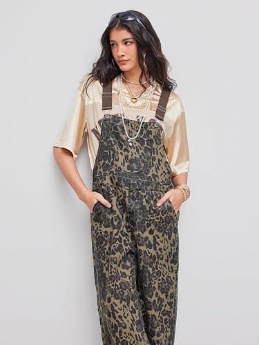 CIDER Overalls for Women Denim Leopard Pocket Buckle Up Wide Leg Jumpsuit thumbnail 4