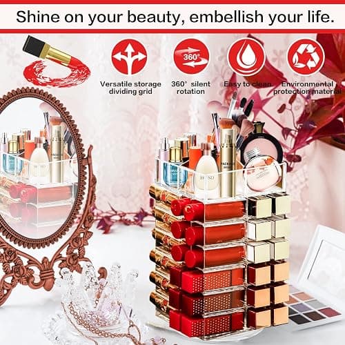 FODIENS Acrylic Lipstick Tower, Rotating Lipstick Organizer with 53 Slots | 360-Degree Rotating Makeup Cosmetic Lipstick Holder, Clear Spinning Lipgloss Storage Display Stand thumbnail 4