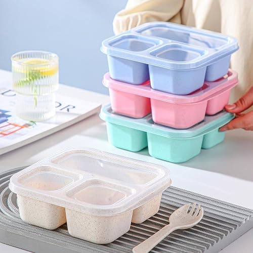 Bento Box For Kids, 4 Pack 3 Compartments Meal Prep Containers Reusable Lunch Containers, Food Storage Containers With Lids, Stackable Snack Boxes for School, Work, and Travel thumbnail 2