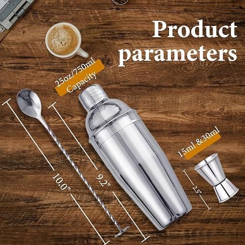 25oz Cocktail Shaker Set, Martini Shaker Set with Built in Strainer, Double Sided Jigger and Mixing Spoon Stainless Steel Mixed Drink Shaker thumbnail 2