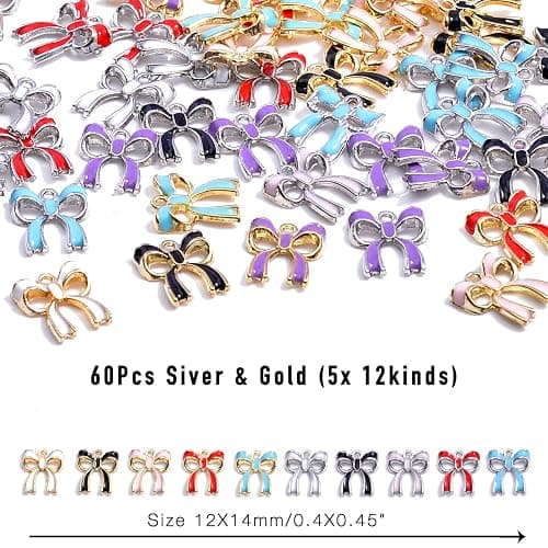 40/60PCs Metal Enamel & Rhinestone Bow Charms for Jewelry Making, Silver & Gold Plated Bow Charms for Bracelets Keychains thumbnail 2