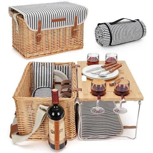 Panier de pique-nique en osier pour 4 ou 4 personnes - Kit de pique-nique en osier avec couverture, table portable en bambou pour le camping et les fêtes en plein air - Image 1