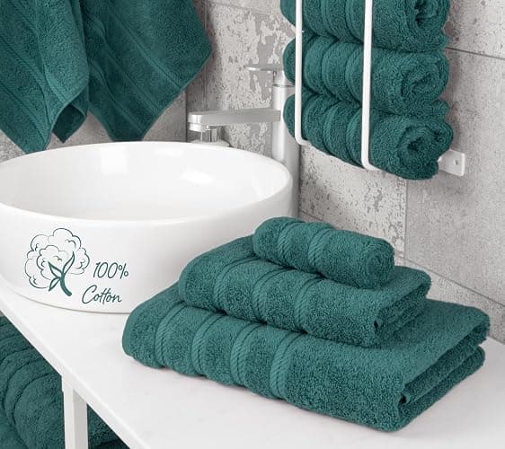 American Soft Linen Premium 3 Piece Towel Set, 1 Bath Towel 1 Hand Towel 1 Washcloth, 600 GSM 100% Cotton Turkish Towels for Bathroom, Teal Towel Set thumbnail 2
