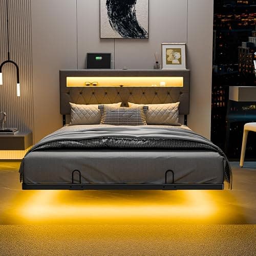 Bonnlo Lit 140 x 190 avec Sommier, Lit 2 Personnes Flottant avec Éclairage LED et Ports USB/Type-C, Tête de Lit Tapissée avec Rangement, Structure Stable en Métal, Tissu en Lin Gris thumbnail 9