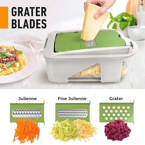 Mueller Pro-Series All-in-One, 12 Blade Mandoline Slicer for Kitchen, Food Chopper, Vegetable Slicer and Spiralizer, Cutter, Dicer, Grater, Kitchen Gadgets Sets with Container, White Sand/Pastel Green thumbnail 4