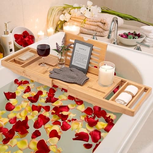 Temple Spring Bamboo Bathtub Tray Caddy for Tub — Expandable Wood Bath Tray with Solid Book Stand Wine Holder and Non-Slip Pads — Includes Bamboo Soap Dish and Spa Accessories — Luxury Bath Gift Set thumbnail 7