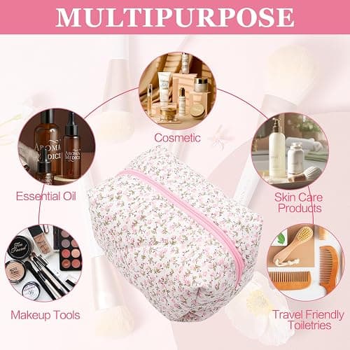 dark swan Cotton Quilted Makeup Bag, Cute Pouch Toiletry Bag Cosmetic Bag Quilted Floral Organizer Bag Travel Coquette Aesthetic Portable Storage Zipper Purse for Women (Pink) thumbnail 5