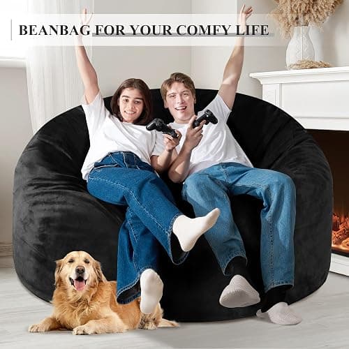 Homguava 5FT Bean Bag Chair Giant BeanBag with Memory Foam Filled, Comfy Bean Bag Chairs for Adults, Adult Bean Bag Chair with Dutch Velvet Cover for Living Room Bedroom-Black thumbnail 5