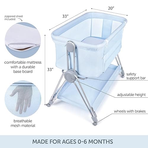 KOOLABABY Baby Bedside Sleeper - Bassinet & Bedside Crib with Height Adjustment & Wheels - Can Be Placed Next to Bed - Attaches to Parents Bed - Easy to Fold & Carry Bassinet for Boys (Blue) thumbnail 3