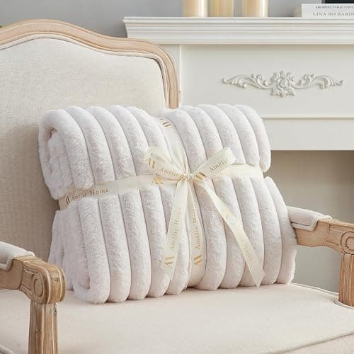 Amélie Home Faux Fur Throw Blanket for Couch, Cozy Fuzzy Fluffy Fur Luxurious Soft Striped Plush Gift Blankets for Family Sofa Chair Bedroom, 55"x70", Ivory thumbnail 7
