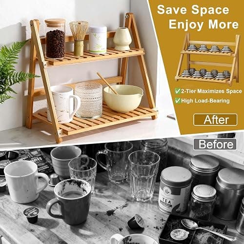 HORIBND Coffee Station Organizer, Matcha Station, Foldable Bamboo Mug Holder for Countertop, Tea & Coffee Bar Accessories, 2 Tier Shelf for Kitchen Counter Organizer, Matcha Stand, Spice Rack thumbnail 4