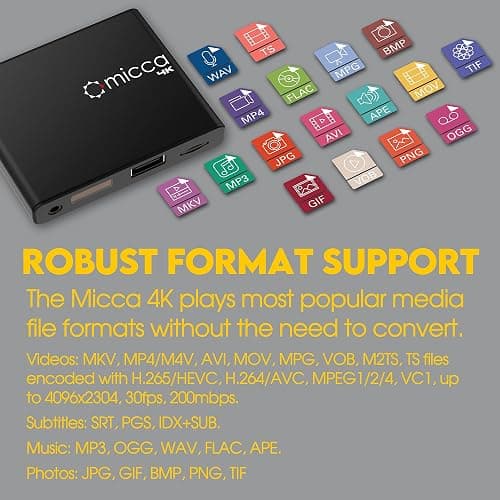 Micca 4K Ultra-HD Digital Media Player for USB Drives and MicroSD Cards, Digital Signage, H.265/HEVC H.264/AVC MP4 MKV Videos MP3 Music JPG Photos, 4K HDMI, Analog AV, Auto Play and Resume thumbnail 5