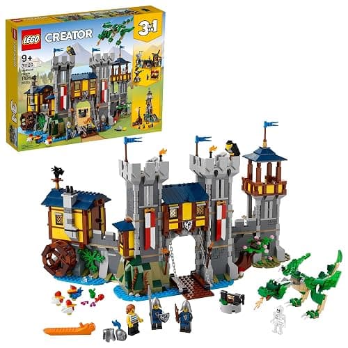 LEGO Creator 3 in 1 Medieval Castle Toy, Transforms from Castle to Tower to Marketplace, Includes Skeleton and Dragon Figure, with 3 Minifigures and Catapult, 31120 - Image 1