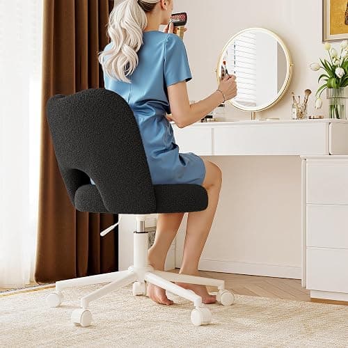 DurayLoly Small Vanity Chair with Silent Wheels Black, Cute Vanity Chair with Back,Ultra-Plush Fleece Cute Desk Chair, Small Office Chair Height Adjustable,for Make-up Room,Bedroom thumbnail 4