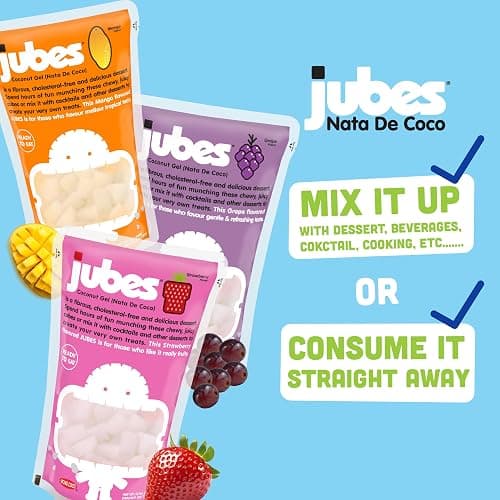 Jubes Strawberry Nata De Coco Jelly Cubes, 12.7 oz - Strawberry Coconut Jelly Cubes for Sago - Coconut Gel in Syrup Toppings for Fruit Tea, Boba, Bubble Tea, Drinks, Desserts Yogurt, Ice Cream, Beverage thumbnail 7