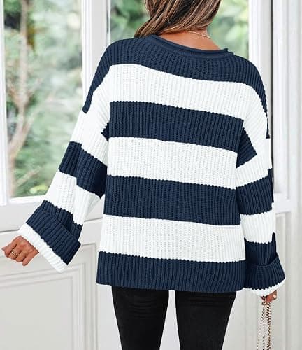 ZESICA Women's 2026 Fall Long Sleeve Oversized Striped Color Block Comfy Loose Crew Neck Knitted Pullover Sweater thumbnail 4