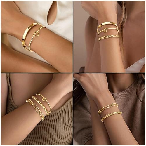 Gokeey Gold Bracelets for Women Non Tarnish, 14K Gold Plated Chunky Cuff Bracelet Gold Bangles Bracelet for Women Trendy Tie Knot Cuban Rope Paperclip Beaded Bracelet Stack Jewelry Gifts thumbnail 4