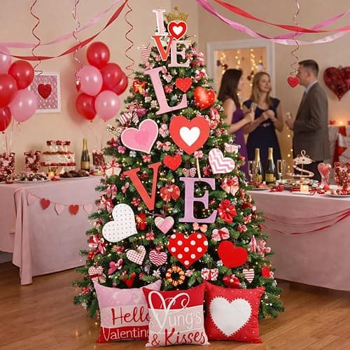 HunnmingRe 17 Pcs Valentines Day Decoration Tree Ornament Extra Large Love Tree Topper Valentine Pillow Cover Romantic Wood Heart Ornament Picks Pink Red for Wedding Holiday Party Anniversary Decor thumbnail 5