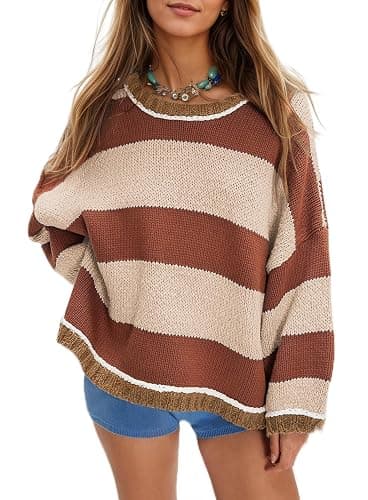 Fnortc Women's Chunky Knit Striped Sweaters Casual Long Sleeve Crew Neck Oversized Pullover Sweater Winter Fall Spring Tops - Image 1