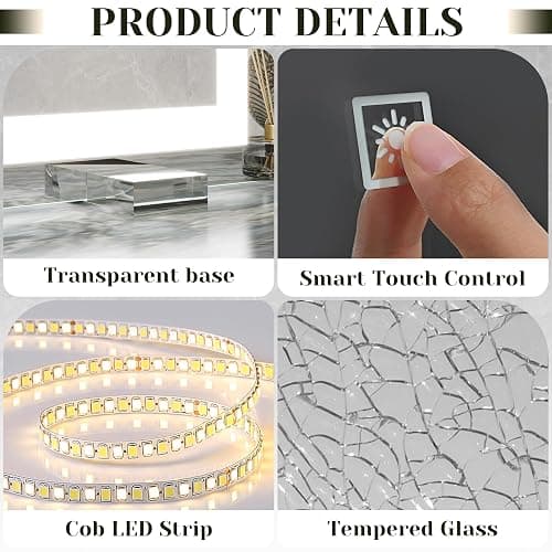 ROLOVE 32x22 Lighted Vanity Mirror, Wall-Mounted, Detachable 10X Magnifier | LED Makeup Mirror, 3 Color Modes, Stepless Dimming, Touch Control, Plug-In Design, Tabletop Use, Even Lighting thumbnail 8